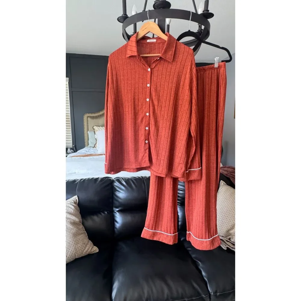 Ekouaer Women's XL Ribbed Knit Pajama Set Rust Orange